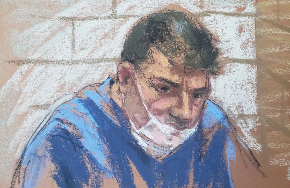 Eduard Florea appears during a virtual hearing on weapons charges in a New York court in this January 13, 2021 courtroom sketch. (Reuters/Jane Rosenberg)