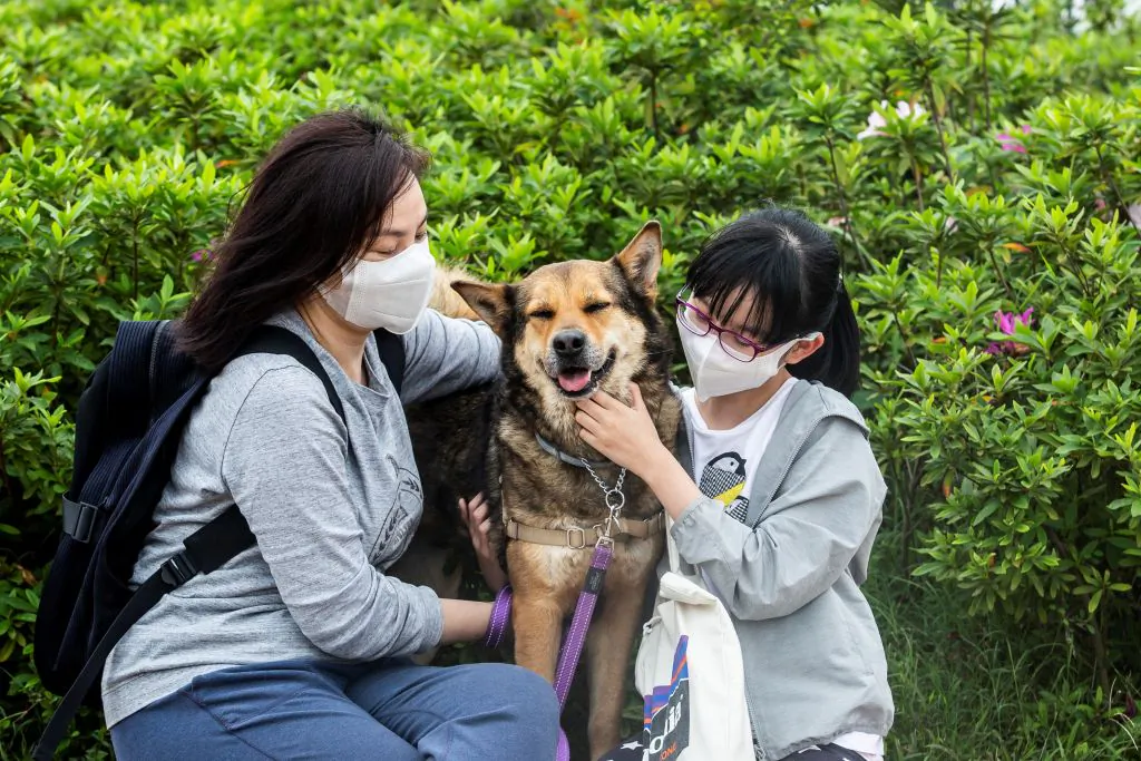 Amy Tran and her daughter Serene Ho cuddle their newly adopted dog Pepper in a dog park at Kai Tak Runway Park in Hong Kong on April 11, 2020. Work-from-home restrictions and the cancellation of school have provided Amy Tran and her daughter Serene Ho, who were looking at getting a dog, the opportunity to rescue Pepper, giving them time for Pepper to settle into the family and Serene to learn how to care for a dog. (ISAAC LAWRENCE/AFP via Getty Images)