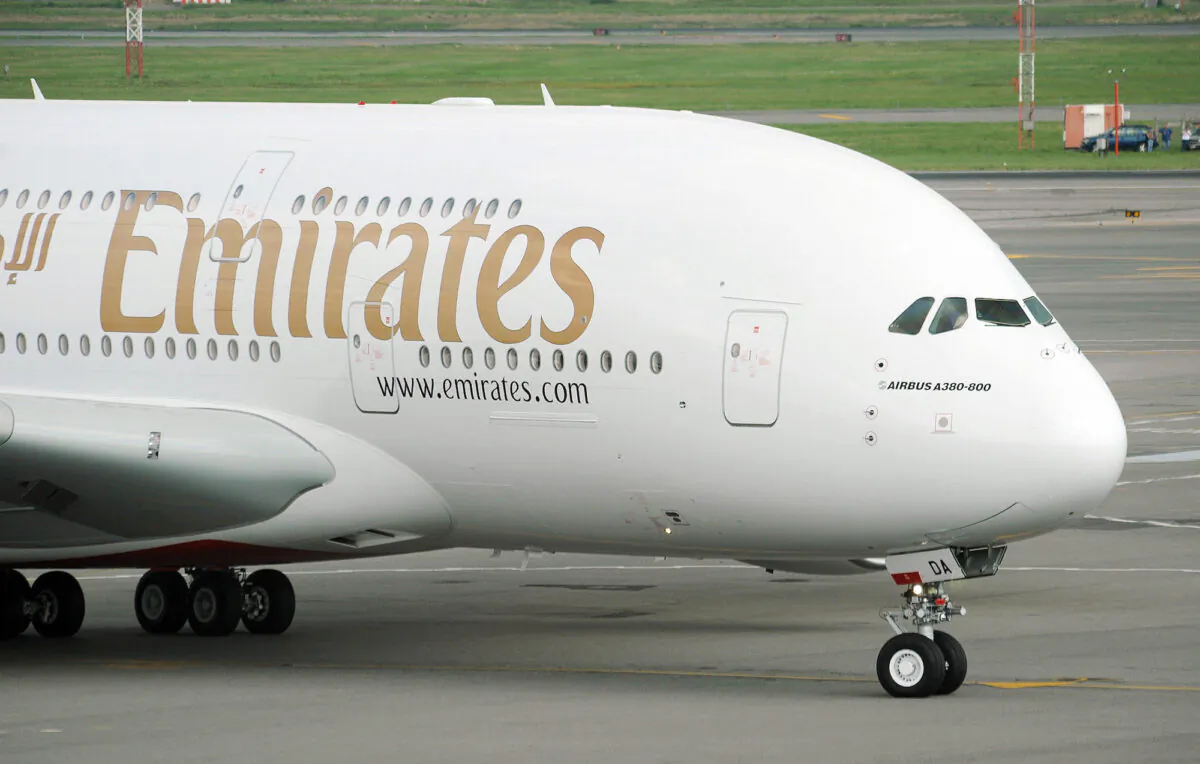 An Emirates Airline flight from Dubai lands becoming the first commercial Airbus A380 jet to land in the United States at John F. Kennedy International Airport in New York on Aug. 1, 2008. (Stan Honda/AFP via Getty Images)