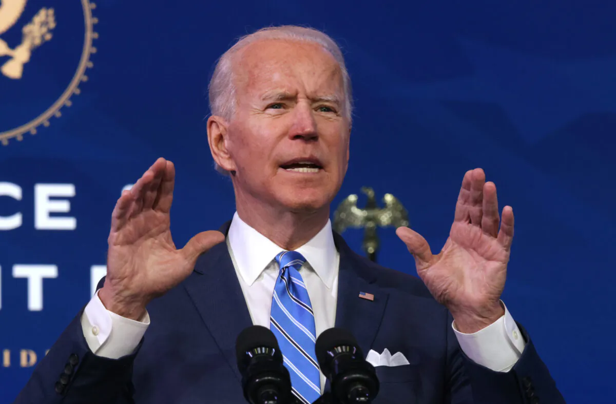 President-elect Joe Biden speaks as he lays out his plan for combating the coronavirus and jump-starting the nation’s economy at the Queen theater in Wilmington, Del., on Jan. 14, 2021. (Alex Wong/Getty Images)