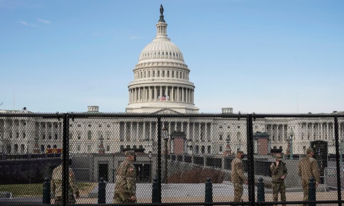 National Guard soldiers maintain a watch over the U.S. Capitol in Washington on Jan. 14, 2021. (Joshua Roberts/Reuters)