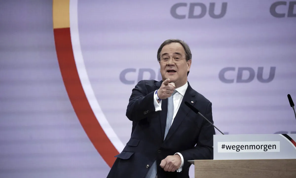 Governor of North Rhine-Westphalia and candidate for the party chairmanship, Armin Laschet, speaks at the CDU's digital national party conference in Berlin on Jan. 16, 2021. (Michael Kappeler/dpa via AP)
