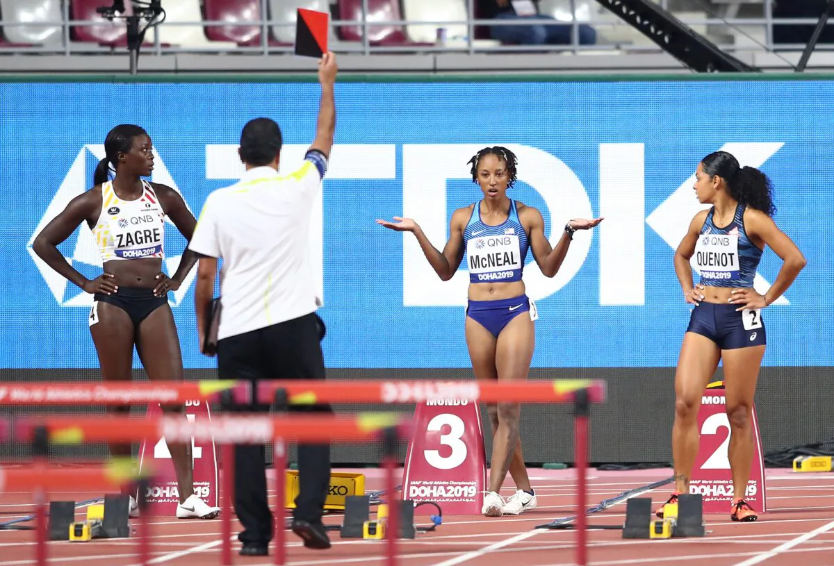 Brianna McNeal of the United States reacts as she is disqualified in the Women's 100 Meters (328 Feet) Hurdles heats of 17th IAAF World Athletics Championships Doha 2019 at Khalifa International Stadium, in Doha, Qatar, on Oct. 05, 2019. (Michael Steele/Getty Images)