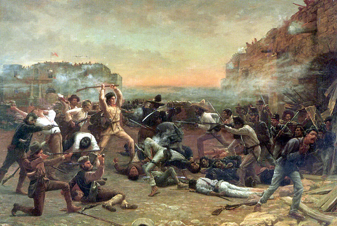 Famous painting of the last stand made at the Alamo. “The Fall of the Alamo,” 1903, by Robert Jenkins Onderdonk, depicts Davy Crockett wielding his rifle as a club against Mexican troops who have breached the walls of the mission. (Public Domain)