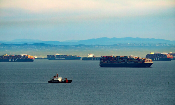 Anchored ships wait to have their cargo unloaded at the Port of Los Angeles on Jan. 12, 2021. (John Fredricks/The Epoch Times)