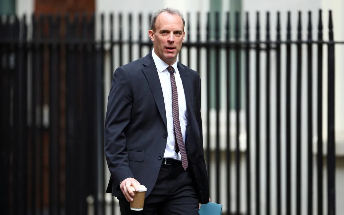 Britain's Foreign Secretary Dominic Raab arrives at Downing Street ahead of a cabinet meeting in London, Britain, July 14, 2020. (Hannah McKay/Reuters)