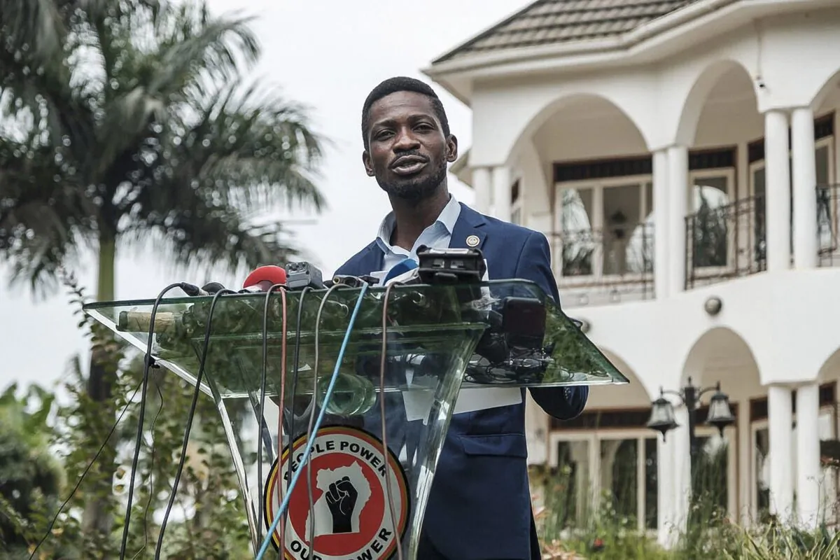 Musician-turned-politician Robert Kyagulanyi, also known as Bobi Wine, speaks during a press conference at his home in Magere, Uganda, on Jan. 15, 2021. (Sumy Sadruni/AFP via Getty Images)