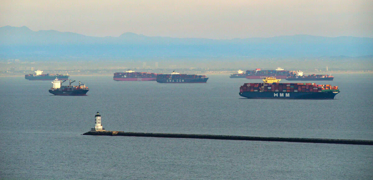 Anchored ships wait to have their cargo unloaded at the Port of Los Angeles on Jan. 12, 2021. (John Fredricks/The Epoch Times)