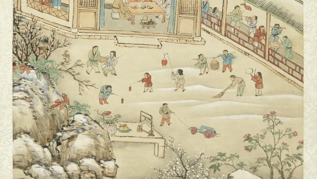 The Chinese have long divided each of the four seasons into six terms that last 15 days each. “Dahan” (Great Cold) is the last solar term of the year. Here, children celebrate the Chinese New Year in heavy snow. “Snow Dedicated to the Emperor’s Poem,” Qing Dynasty, by Dong Gao. (The National Palace Museum)