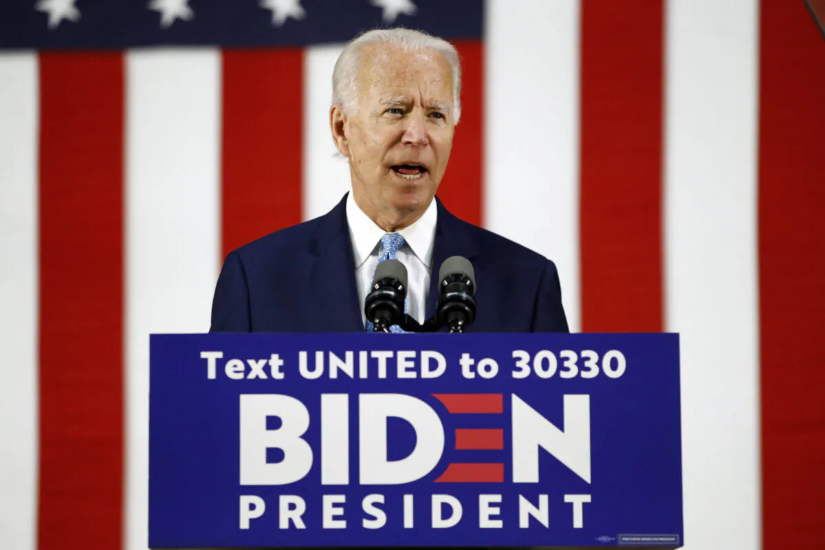 Then presidential candidate Joe Biden speaks at Alexis Dupont High School in Wilmington, Del., on June 30, 2020. (Patrick Semansky/The Canadian Press/AP)