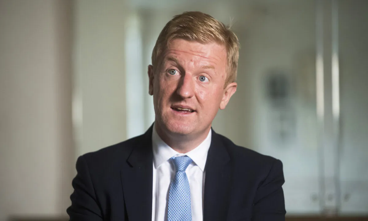 Britain's Culture Secretary Oliver Dowden during a visit to the Royal Academy of Dance in London on Oct. 12, 2020. (Kirsty O'Connor/Pool/AFP via Getty Images)