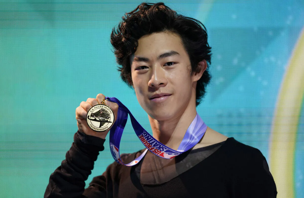 First-place finisher Nathan Chen poses with his medal in the men's championship at the U.S. Figure Skating Championships, in Las Vegas, on Jan. 17, 2021. (John Locher/AP Photo)