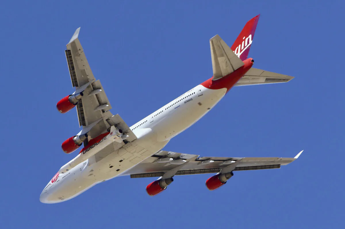 Virgin Orbit Boeing 747-400 rocket launch platform, named Cosmic Girl, takes off from Mojave Air and Space Port, Mojave (MHV) on its second orbital launch demonstration in the Mojave Desert, north of Los Angeles, Calif. (Matt Hartman/AP Photo)