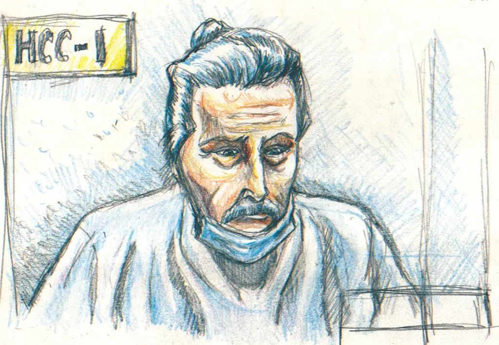 Fashion mogul Peter Nygard during a bail hearing in Winnipeg on January 6, 2021, in a courtroom sketch. Nygard, who faces charges in the United States of using his influence to lure women and girls for sex, will remain in jail after his bail hearing was adjourned. (The Canadian Press/La Liberte Manitoba, Tadens Mpwene - POOL)