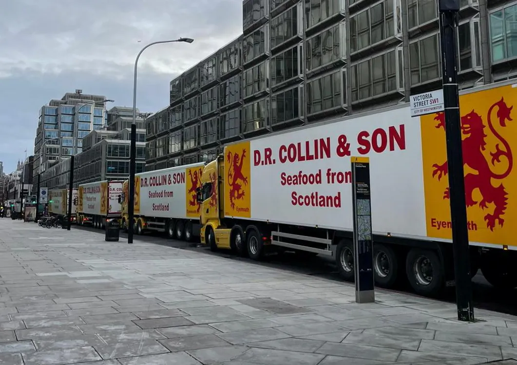 In this picture obtained from social media, lorries of Scottish seafood company D.R. Collin & Son Ltd are seen on a street during a protest against post-Brexit bureaucracy that has stopped them exporting to the European Union, in London, on Jan. 18, 2021. (D.R. Collin & Son Ltd via Reuters)