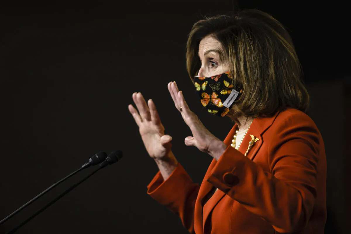 Speaker of the House Nancy Pelosi (D-Calif.) talks during a press conference at the U.S. Capitol in Washington on Jan. 15, 2021. (Samuel Corum/Getty Images)
