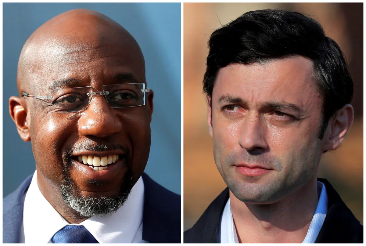 Democratic U.S. Senate candidates Rev. Raphael Warnock and Jon Ossoff are seen in a combination of file photographs as they campaign on Jan. 5, 2021. (Reuters)