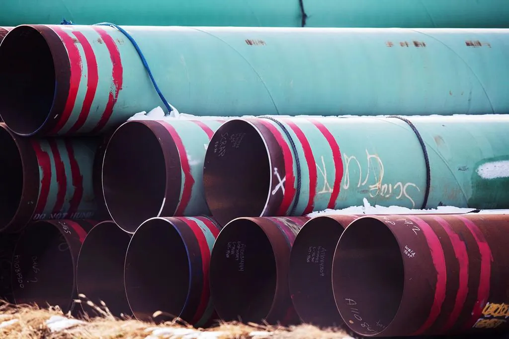 In this Dec. 18, 2020 photo, pipes to be used for the Keystone XL pipeline are stored in a field near Dorchester, Neb. (Chris Machian /Omaha World-Herald via AP)