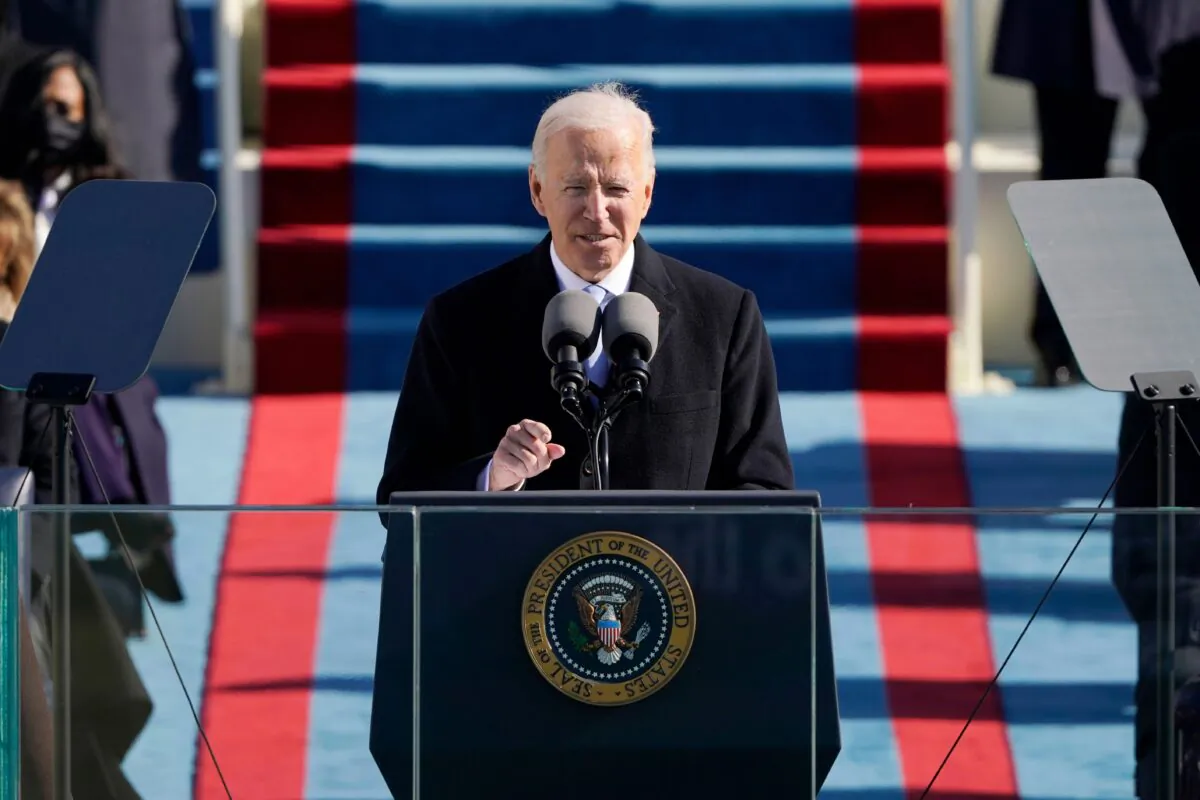 President Joe Biden speaks during the 59th inaugural ceremony on the West Front of the U.S. Capitol in Washington on Jan. 20, 2021. (Patrick Semansky/Pool/Getty Images)