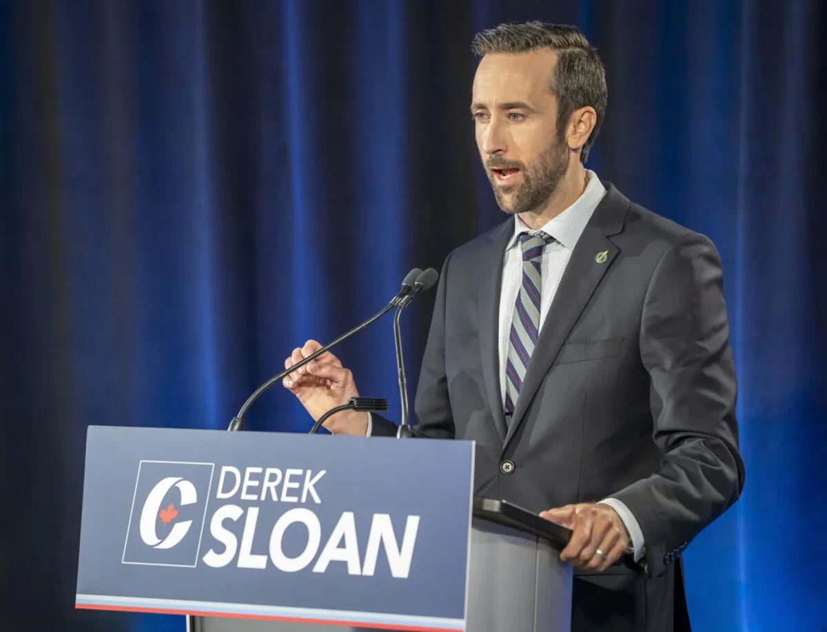 Conservative Party of Canada leadership candidate Derek Sloan makes his opening statement at the start of the French Leadership Debate in Toronto on June 17, 2020. (Frank Gunn/The Canadian Press)