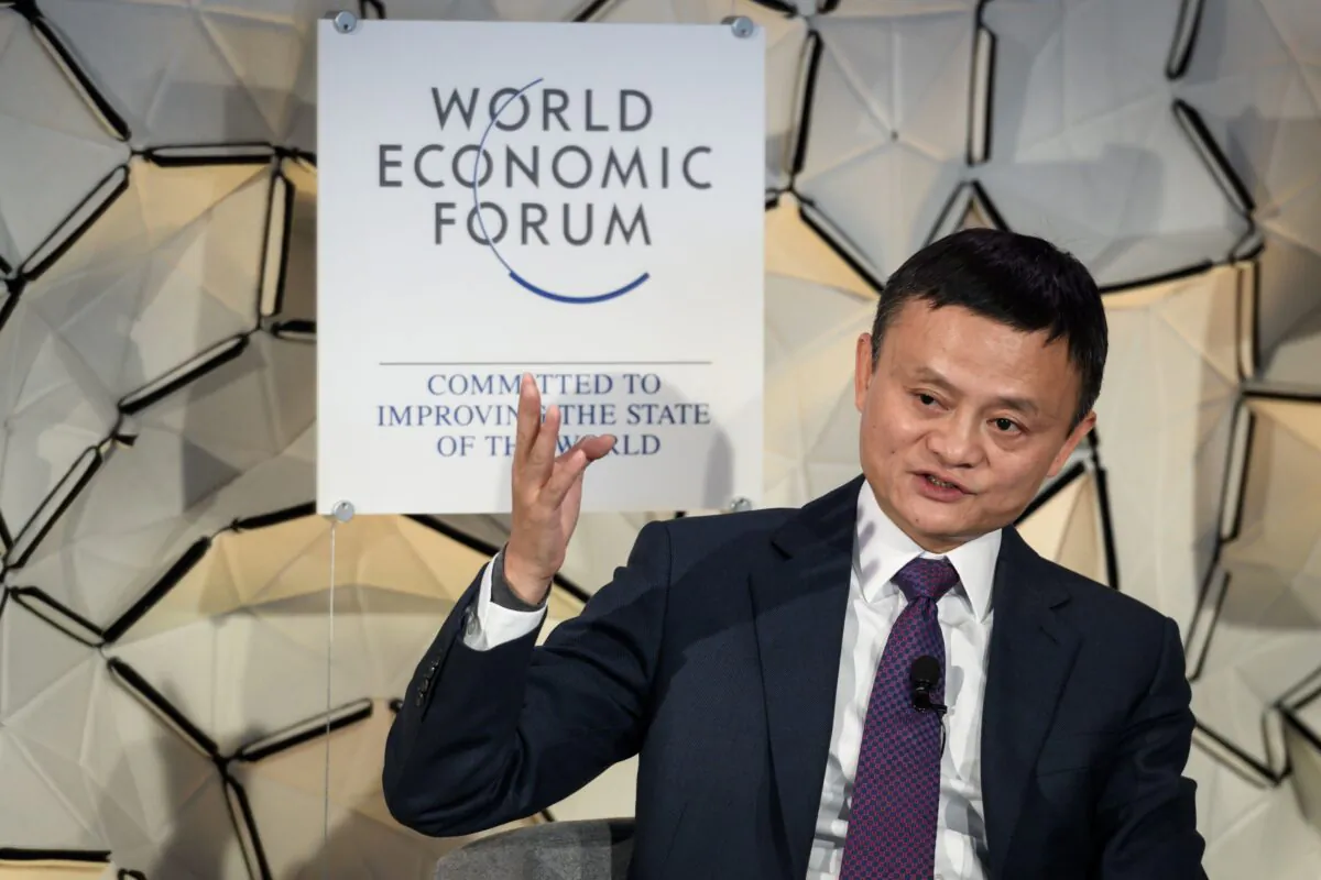 Jack Ma, chairman of Alibaba Group, gestures during a panel session at the World Economic Forum (WEF) annual meeting in Davos, eastern Switzerland, on Jan. 23, 2019. (Fabrice Coffrini/AFP via Getty Images)