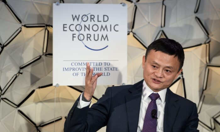 Jack Ma, chairman of Alibaba Group, gestures during a panel session at the World Economic Forum (WEF) annual meeting in Davos, eastern Switzerland, on Jan. 23, 2019. (Fabrice Coffrini/AFP via Getty Images)