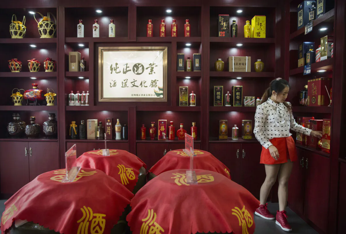A shop selling locally made wine called baijiu in Maotai, on the Chishui River, in Guizhou Province, China, on Sept. 24, 2016. (Kevin Frayer/Getty Images)