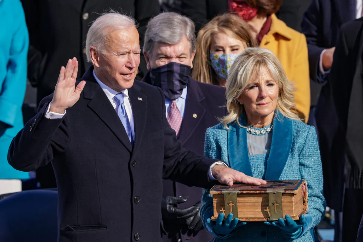 President Joe Biden is sworn in as U.S. president during his inauguration on the West Front of the U.S. Capitol in Washington on Jan. 20, 2021. (Alex Wong/Getty Images)
