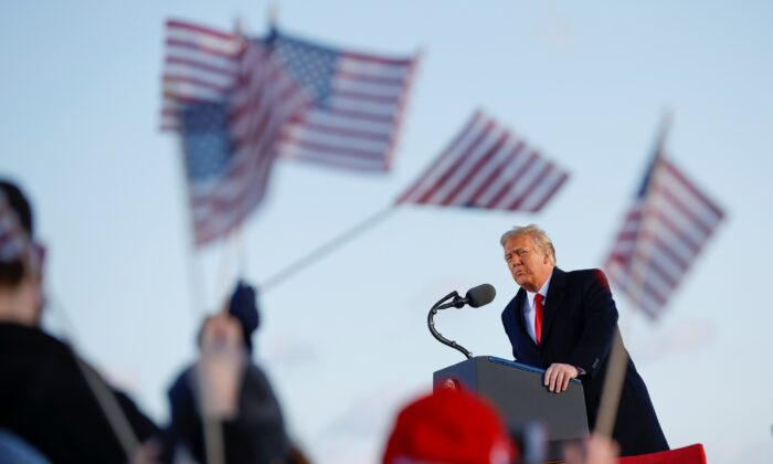 President Donald Trump speaks at the Joint Base Andrews, Md., on Jan. 20, 2021. (Carlos Barria/Reuters)