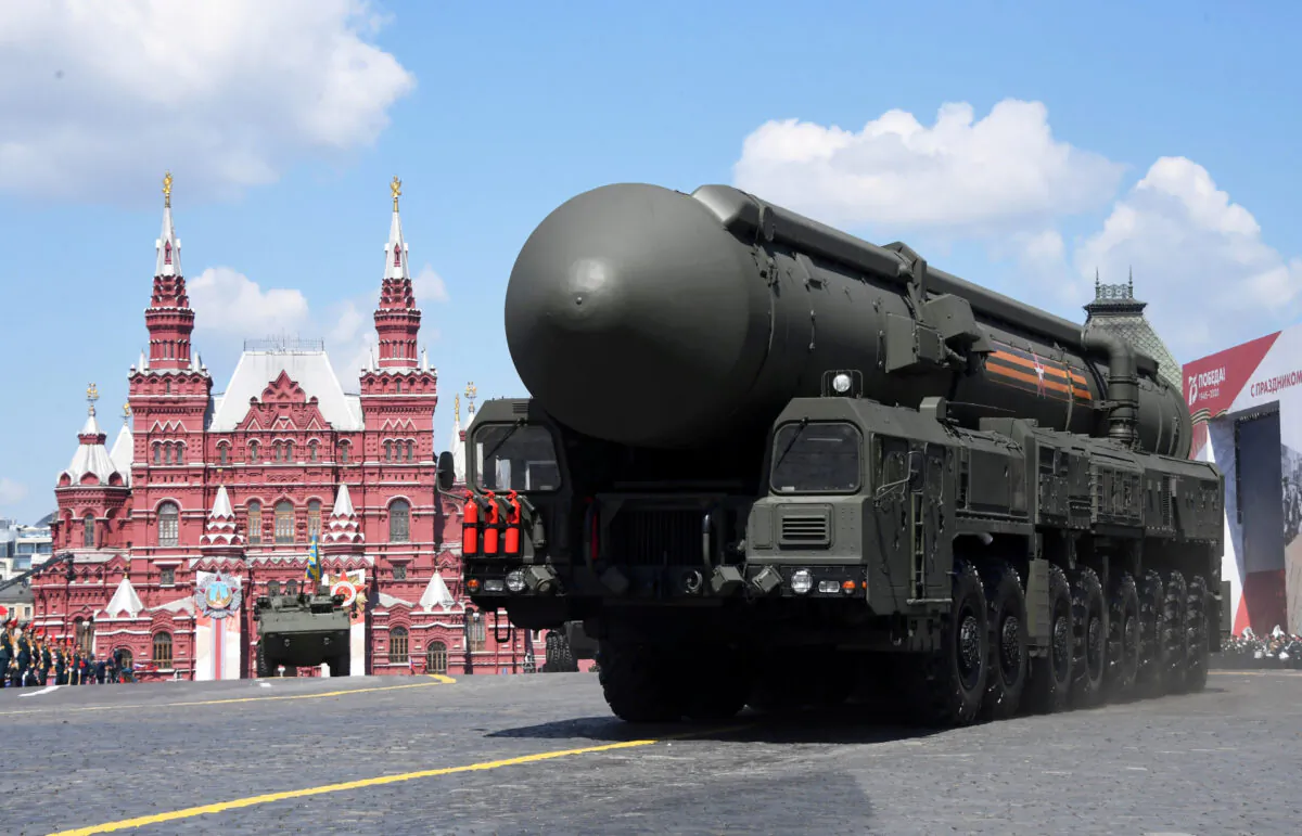 A Russian Yars intercontinental ballistic missile system drives during the Victory Day Parade in Red Square in Moscow, Russia, June 24, 2020. (Host photo agency/Iliya Pitalev via Reuters)