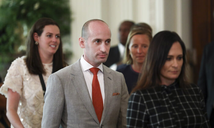 Stephen Miller, senior adviser to the president, attends a joint press conference with President Donald Trump and Australian Prime Minister Scott Morrison in the East Room of the White House in Washington on Sept. 20, 2019. (Charlotte Cuthbertson/The Epoch Times)