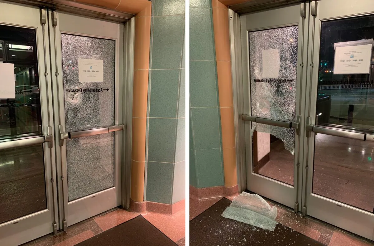 Multiple windows were shattered at the William Kenzo Nakamura Courthouse in Seattle, Wash., on Jan. 20, 2020. (Seattle Police Department)