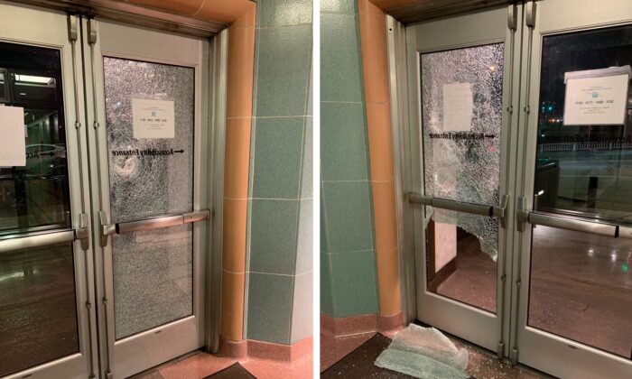 Multiple windows were shattered at the William Kenzo Nakamura Courthouse in Seattle, Wash., on Jan. 20, 2020. (Seattle Police Department)