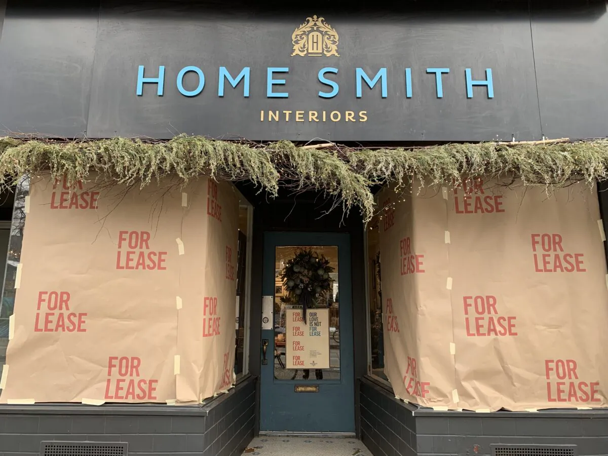A storefront on Roncesvalles Avenue displays a "for lease" sign as part of a protest against the Ontario government's pandemic lockdown rules in Toronto, Canada, on Nov. 24, 2020. (Jody White/The Canadian Press)