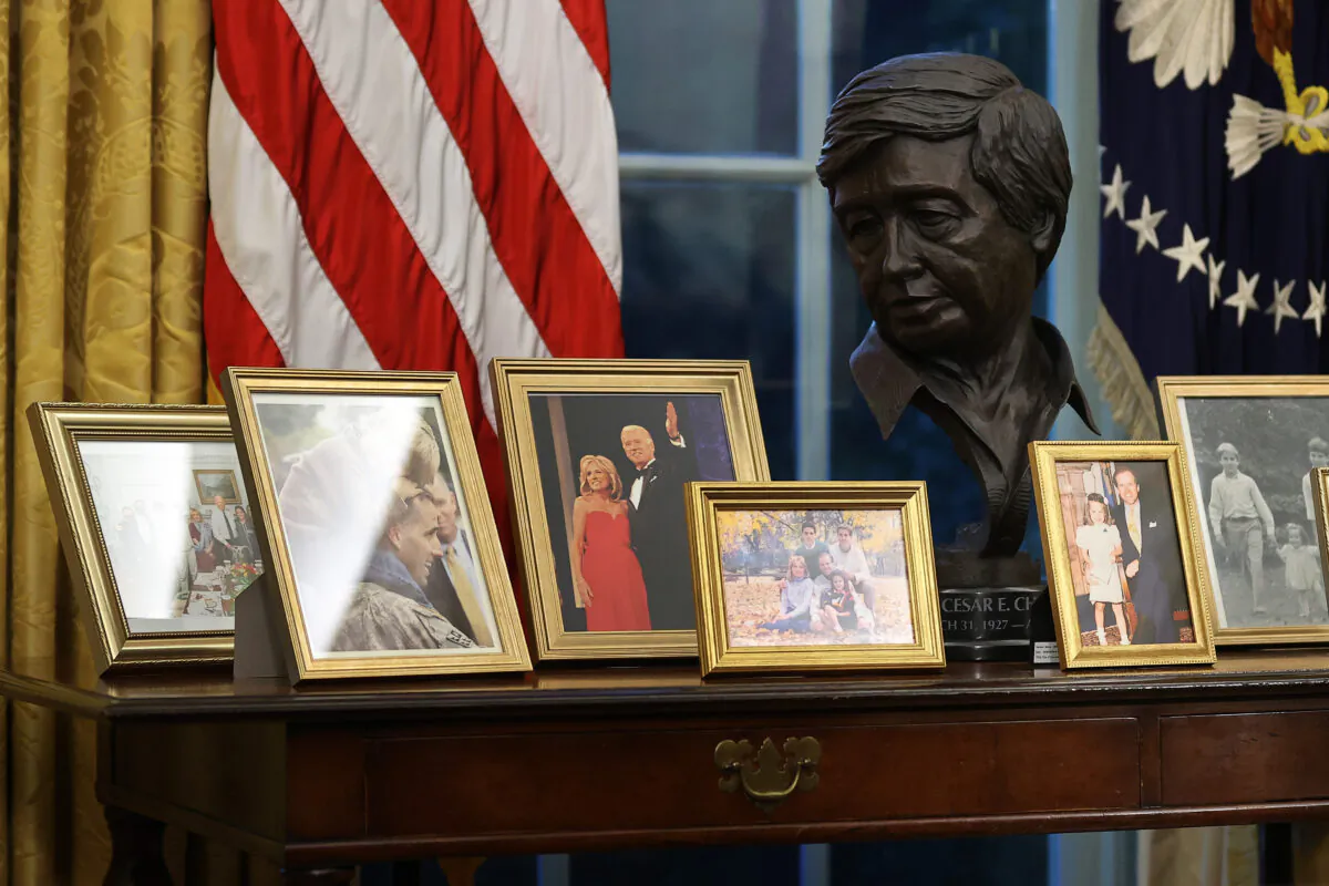 A bust of labor leader Cesar Chavez sits behind the Resolute Desk, in the Oval Office, in Washington, on Jan. 20, 2021. (Chip Somodevilla/Getty Images)