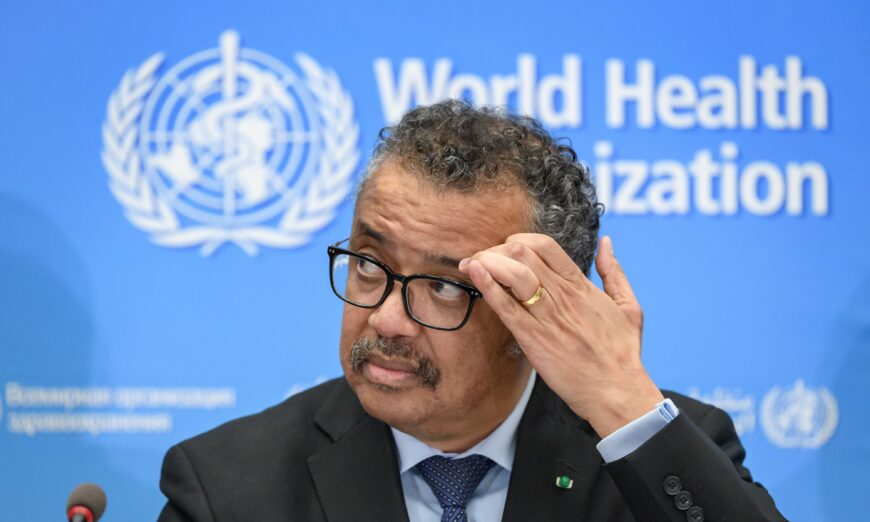 World Health Organization (WHO) Director-General Tedros Adhanom Ghebreyesus gives a press conference at Geneva's WHO headquarters on Feb. 24, 2020. (Fabrice Coffrini/AFP via Getty Images)