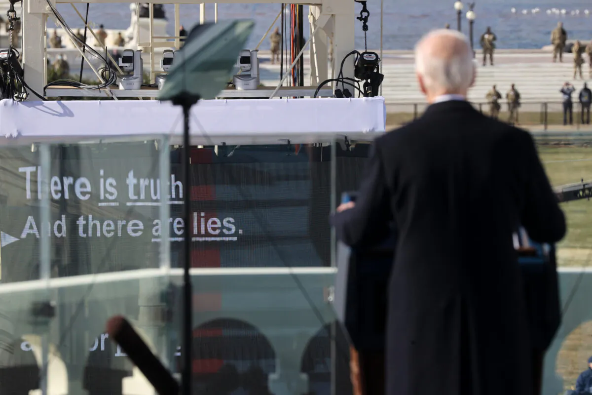 President Joe Biden delivers his inaugural speech after being sworn-in on the West Front of the U.S. Capitol in Washington on Jan. 20, 2021. (Jonathan Ernst/Pool/Getty Images)