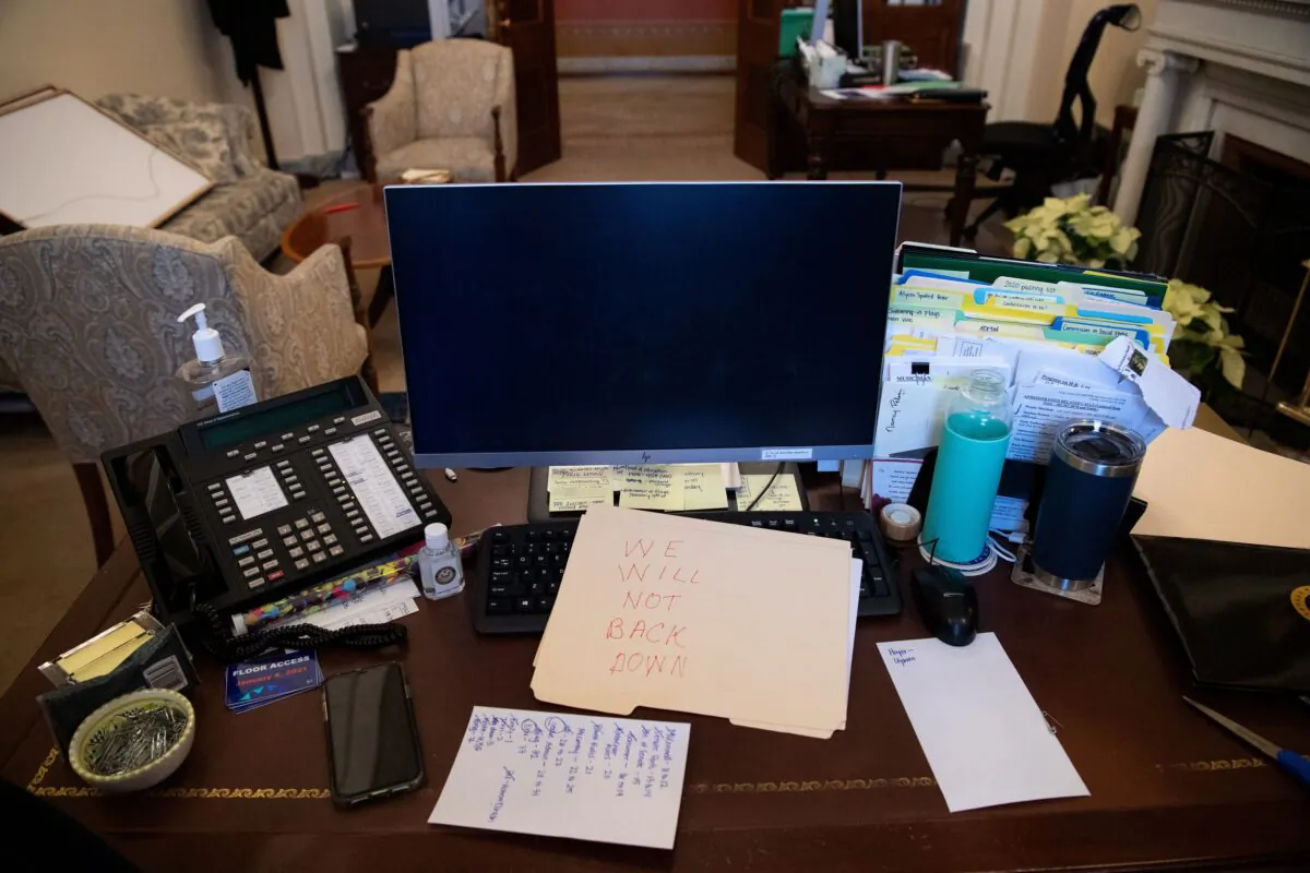 A computer is seen in the office of House Speaker Nancy Pelosi (D-Calif.), in the U.S. Capitol, on Jan. 6, 2021. (Saul Loeb/AFP via Getty Images)