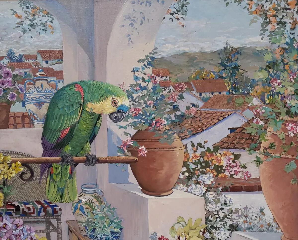 A detail from “Parrot and Rooftops,” 1985, by John Powell. Oil on Canvas; 20 inches by 24 inches. (Courtesy of Wayne Barnes)