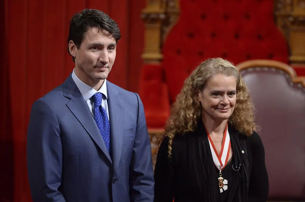 Canada's 29th Governor General Julie Payette looks on alongside Prime Minister Justin Trudeau in the Senate chamber during her installation ceremony, in Ottawa on Oct. 2, 2017. (Adrian Wyld/The Canadian Press)