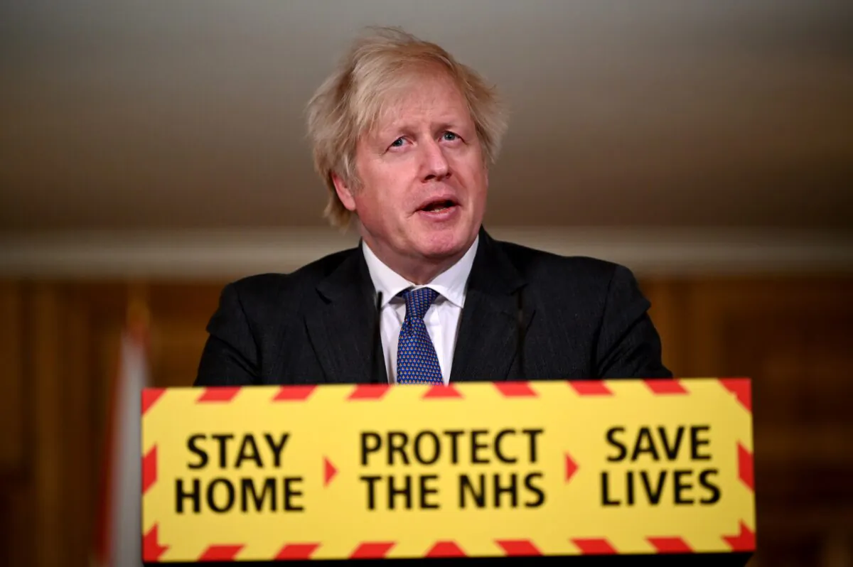 UK Prime Minister Boris Johnson speaks during a coronavirus press conference at 10 Downing Street, in London, England, on Jan. 22, 2021. (Leon Neal/Getty Images)