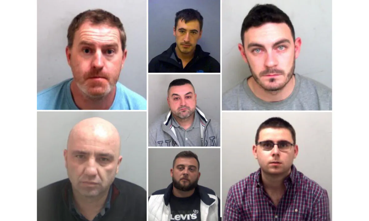 Undated photos of people sentenced for Vietnamese lorry deaths in 2019. (L) Ronan Hughes, Gheorghe Nica; (R) Maurice Robinson, Eamonn Harrison; (C) Christopher Kennedy, Valentin Colota, Alexandru Ovidiu in Essex, UK, on Jan. 22, 2021. (Courtesy of Essex Police)