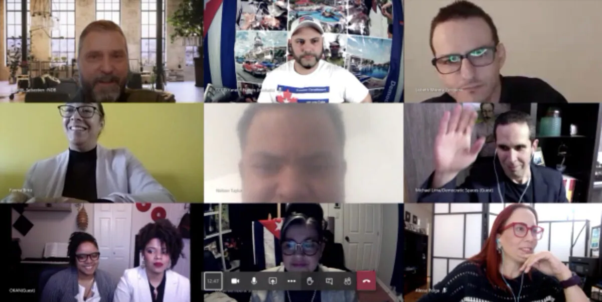 Sebastien Sigouin (top L), director of Central America, Cuba and the Dominican Republic at Global Affairs Canada; pro-Democracy Cuban-Canadians; and representatives of the Venezuelan diaspora during an online meeting to discuss the human rights crisis in Cuba, on Jan. 19, 2021. (Democratic Spaces Handout)