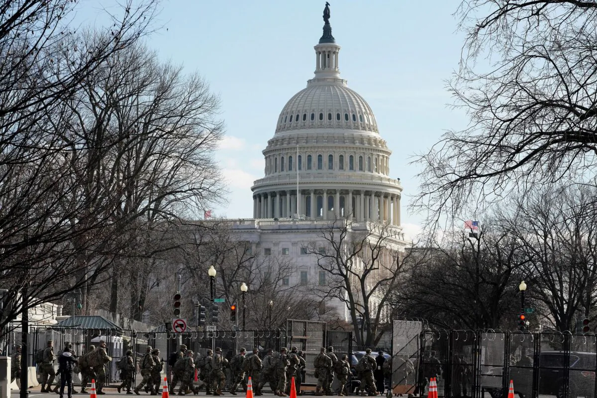 National Guard troops are shown near the U.S. Capitol following the inauguration of President Joe Biden in Washington on Jan. 20, 2021. (Nathan Howard/Getty Images)