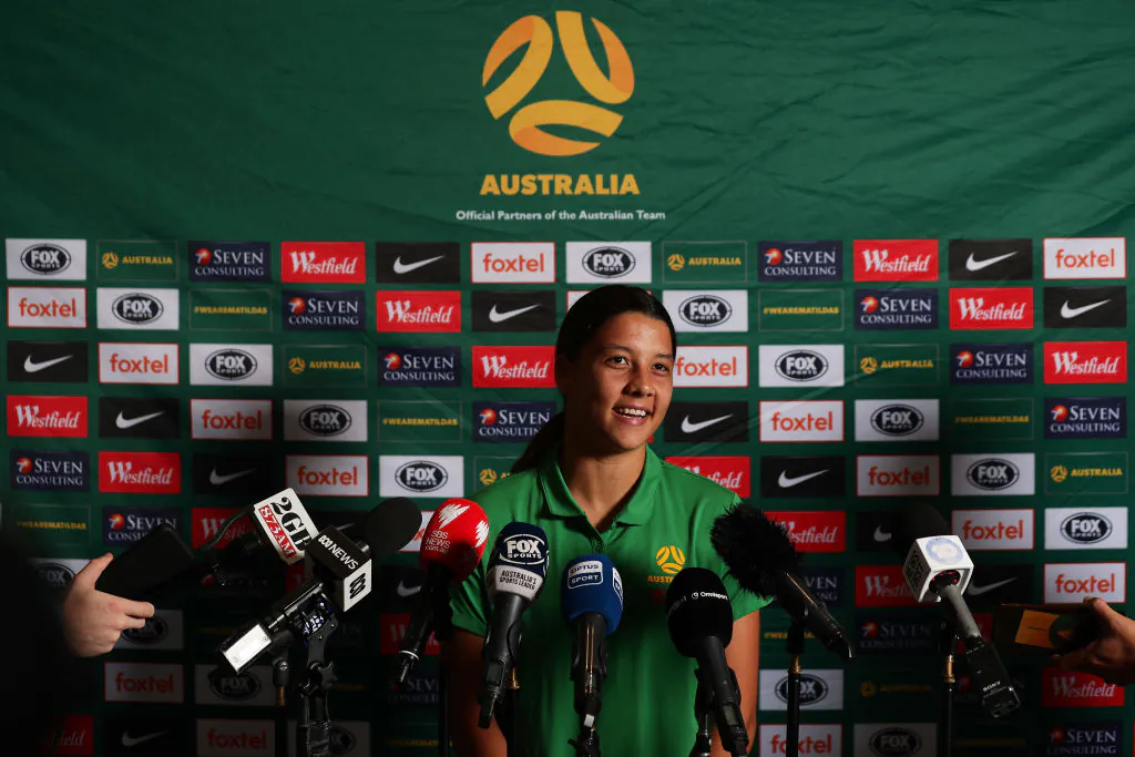 Samantha Kerr speaks to the media during an Australian Matildas media opportunity at The Intercontinental on February 05, 2020 in Sydney, Australia. (Photo by Matt King/Getty Images)