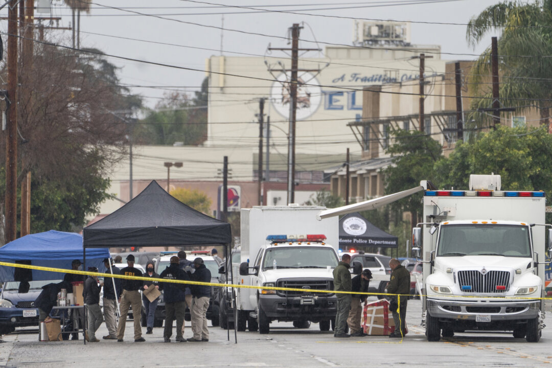 A command post is seen outside the First Works Baptist Church after an explosion in El Monte, Calif., Saturday, Jan. 23, 2021. (Damian Dovarganes/AP Photo)