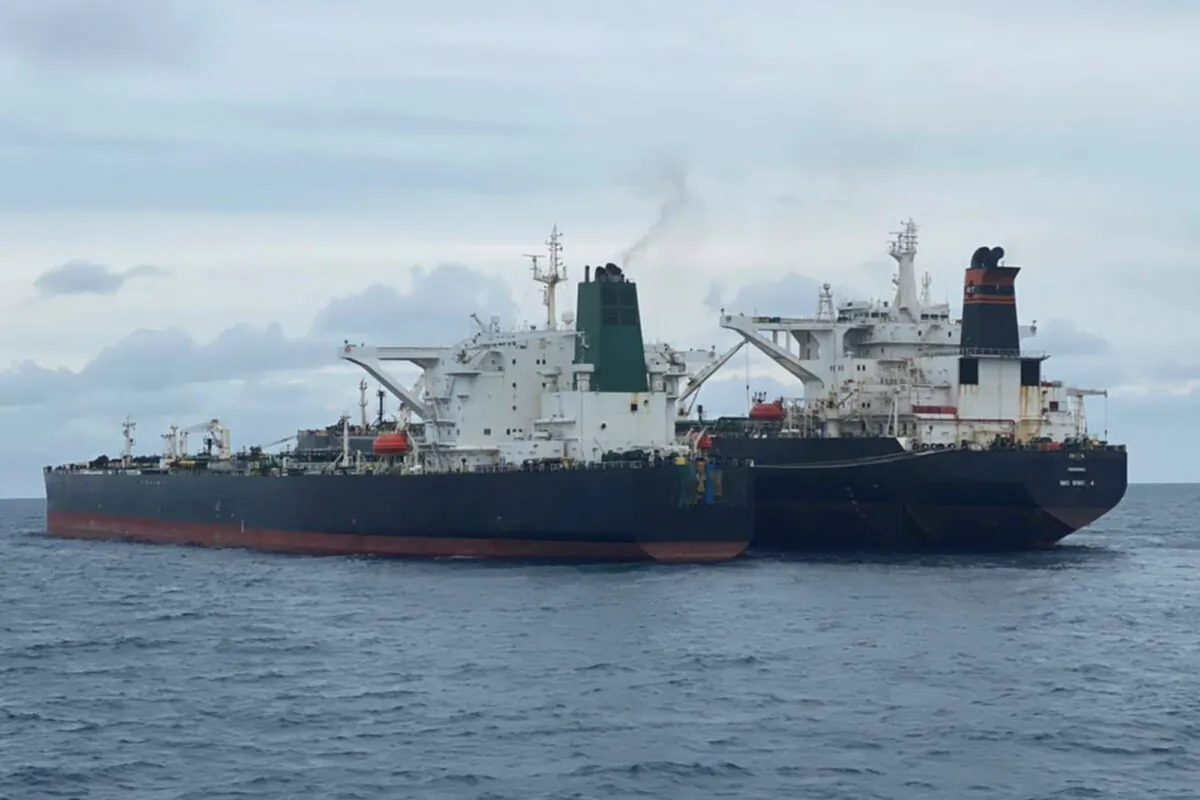 Panamanian-flagged MT Freya and the Iranian-flagged MT Horse vessels are seen anchored in the waters off Pontianak, West Kalimantan province, Indonesia, on Jan. 24, 2021. (Antara Foto/via Reuters)