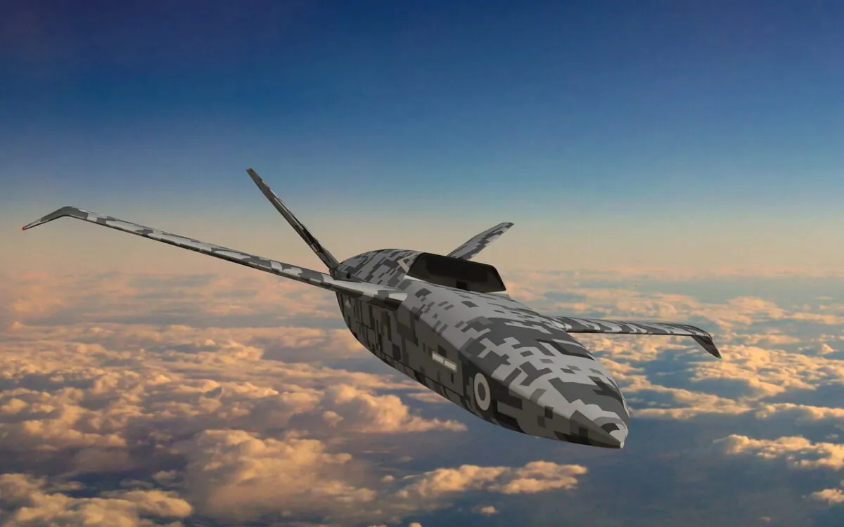 An artist's graphic of the RAF’s Lightweight Affordable Novel Combat Aircraft (LANCA) concept, also called the Mosquito. (MoD)
