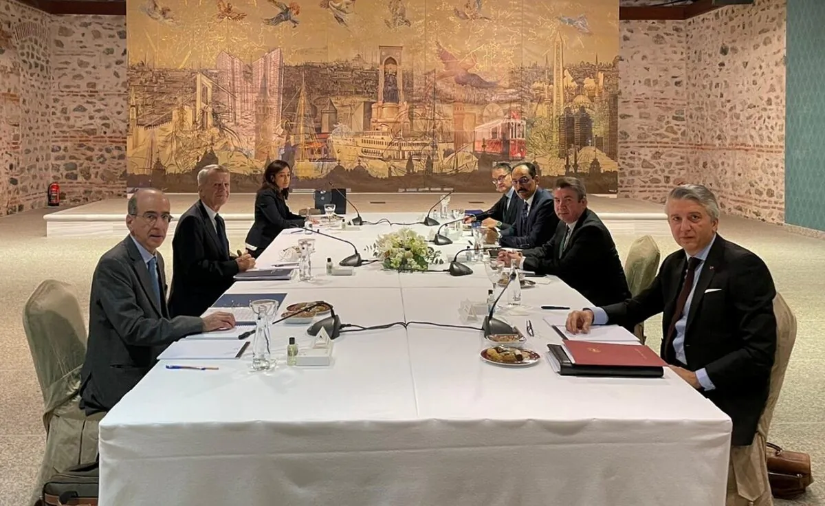 Representatives of Turkey and Greece attend a meeting as part of the bilateral talks on the maritime disputes in Istanbul, Turkey, on Jan. 25, 2021. (Turkish Foreign Ministry/Handout via Reuters)