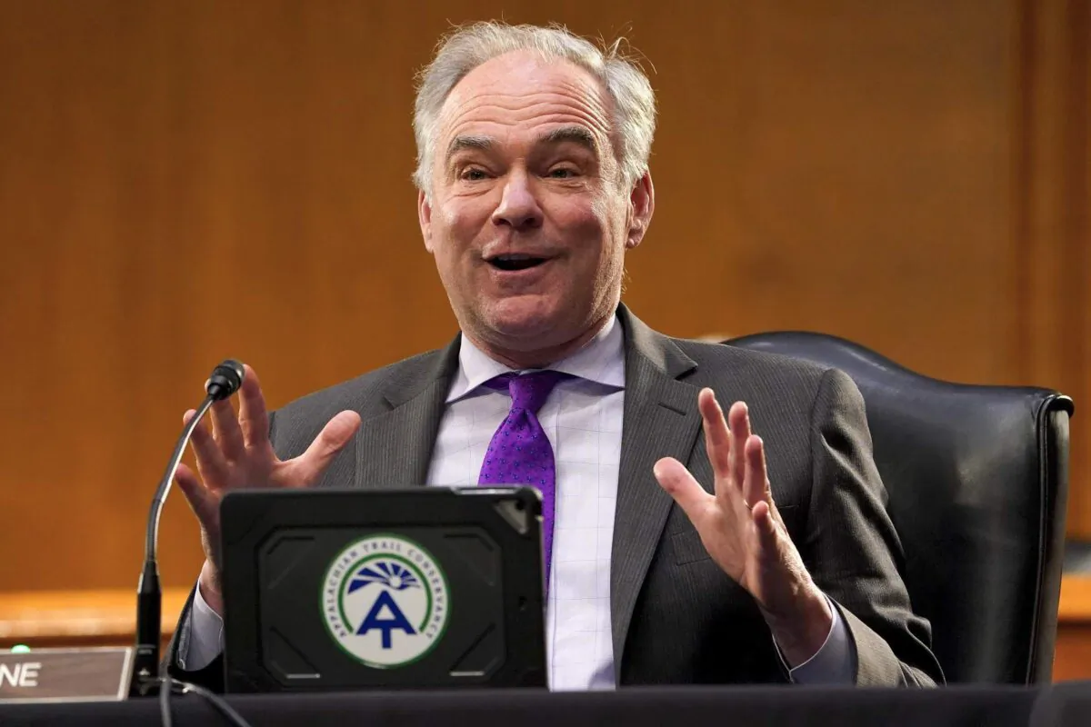 Sen. Tim Kaine (D-Va.) at the Dirksen Senate Office Building on Capitol Hill in Washington on Jan. 19, 2021. (Greg Nash-Pool/Getty Images)